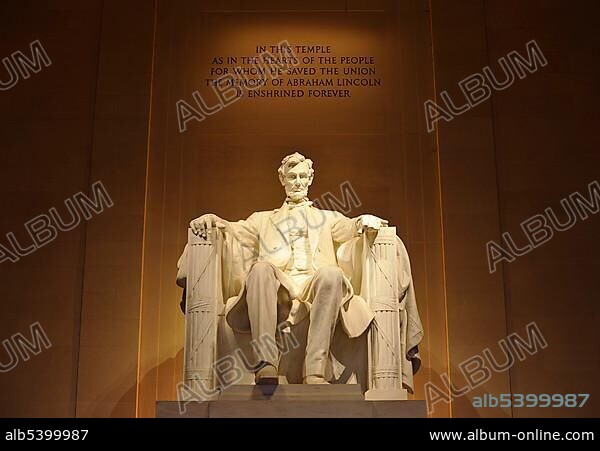 Statue of Abraham Lincoln by Daniel Chester French, inscription, Lincoln Memorial, Washington DC, District of Columbia, USA, PublicGround, North America.