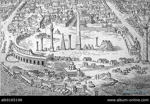 Constantinople, Constantinopolis, was the capital of the Roman-Byzantine Empire, here the Hippodrome, an ancient Greek stadium for horse and chariot races and the circus, History of Ancient Rome, Roman Empire, Italy, Historical, digitally restored reproduction of a 19th century original, exact date unknown, Europe.