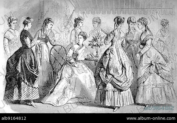 The summer fashion of distinguished ladies in Germany around 1860, Women in long dresses at home, Historical, digitally restored reproduction of an original 19th century pattern, exact original date unknown.