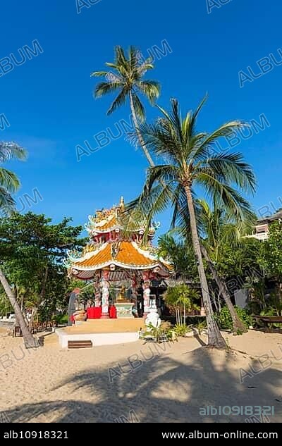 Buddhist temple at Maenam Beach, beach, sea, religion, temple complex, Buddhism, sacred, religious, world religion, offering, pilgrimage site, pray prayer, Asian, Buddha, colourful, tourism, travel, culture, history, world religion, palm tree, outside, building, faith, Koh Samui, Thailand, Asia.
