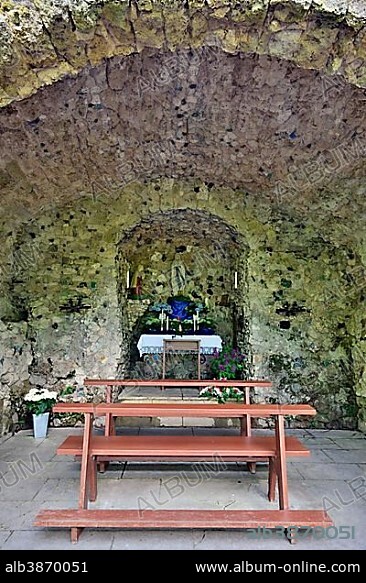 Lourdes grotto at the James church at Hohenberg, Baden-Württemberg, Germany, Europe.