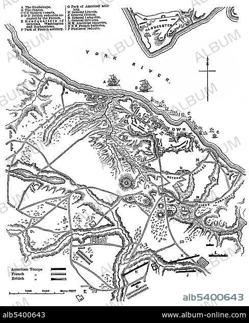 Historical drawing, US-American history, 18th century, map of the Battle of Yorktown, 1781, York County, Virginia, USA, North America.