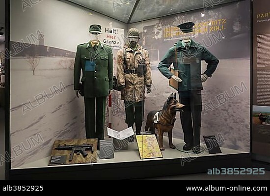 Historic uniforms of German border police and customs officers, Point Alpha memorial place and museum, former intra-German border, Rhön, Rasdorf, Hesse, Germany, Europe.