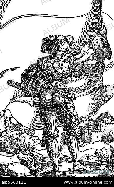 Landsknecht, Bannerträger, um 1520, Geschichte der Mode, Trachtengeschichte, Historisch, digital restaurierte Reproduktion einer Originalvorlage aus dem 19. Jahrhundert.
