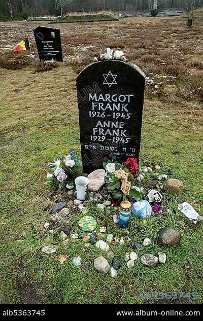 Gravestone, memorial stone for the sisters Margot and Anne Frank, memorial site, former concentration camp Bergen-Belsen, Lower Saxony, Germany, Europe.