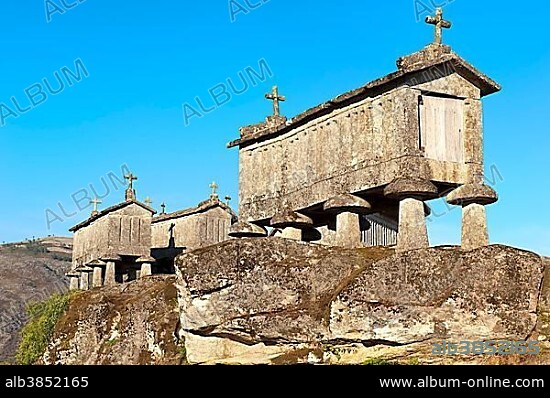 Traditional Espigueiros, granaries, Soajo, Peneda Geres National Park, Minho province, Portugal, Europe.