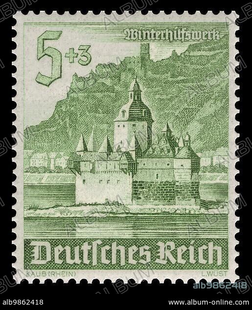 Historic stamp, German Reich, Winterhilfswerk, Pfalzgrafenstein Castle near Kaub, 5 plus 3 Pfennig, 1940, Germany, Historic, digitally prepared reproduction of an original from the period, Europe.