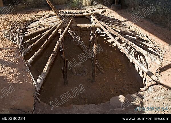A pit house, part of an excavated ancient Anasazi village at the Anasazi State Park Museum, the site dates to the 12th century, Boulder, Utah, USA, North America.