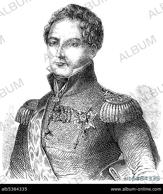 Historical drawing from the 19th century, portrait of Karl XIV Johan and Jean-Baptiste Jules Bernadotte, 1763 - 1844, French Minister of War, Marshal of France, commander of the Allied northern army against Napoleon and King of Sweden, King of Norway as as Charles III. John.