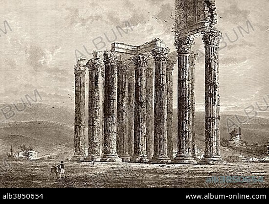 Historic drawing, ruins of the Temple of Zeus at Olympia, 19th Century, Olympia, Greece, Europe.
