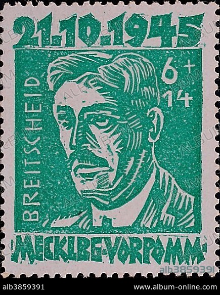 Rudolf Breitscheid, a member of the German Social Democratic Party and a delegate to the Reichstag during the era of the Weimar Republic, portrait on a stamp from Mecklenburg-Vorpommern, Germany, 1945, Europe.