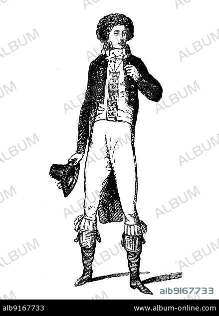 Elegant Patriot of the French Revolution, 1790, History of Fashion, History of Costume, Historical, digitally restored reproduction of a 19th century original, exact date unknown.