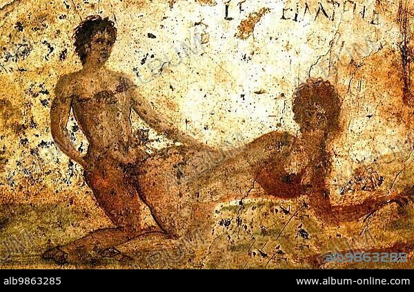 Erotic fresco from the ruins of Pompeii, Italy, Historical, digitally restored reproduction from an original of the period, Europe.