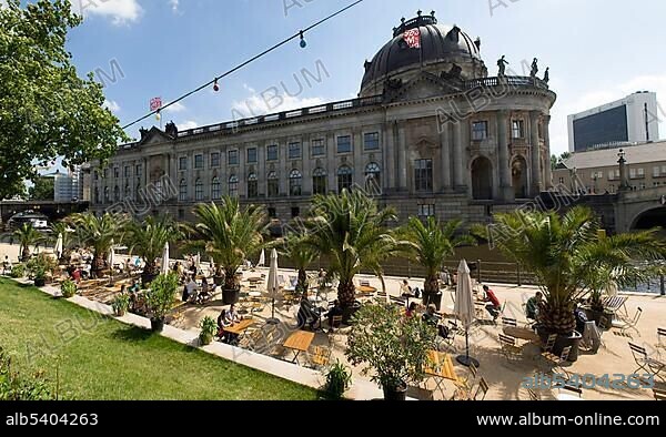 Bode Museum on Museumsinsel, museum island, beach bar on Spree River, Berlin, Germany, Europe.