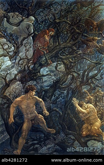 Amos Nattini (1892-1985), "The Divine Comedy" by Dante Alighieri (1265-1321). Inferno, Canto XIII, Circle 7: Violence. 2nd Ring : Against Self. The souls of the people who attempted or committed suicide are trasnformed into thorny and gnarled trees. Lano da Siena and Jacopo Sant' Andrea are chased through the woods by ferocious dogs.. Private collection.. In 1921, for Dante Aligheri's 600th anniversary of death, the Istituto Nazionale Dantesco chose Amos Nattini to illustrate The Divine Comedy. The illustrations have been published in 1923.