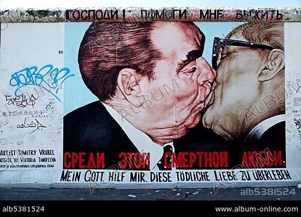 Dimitrij Vrubel, Fraternal kiss between Leonid Brezhnev and Erich Honecker, painting by Dmitri Vrubel Vladimirovich, remainder of the Berlin Wall, East Side Gallery, Berlin, Germany, Europe.