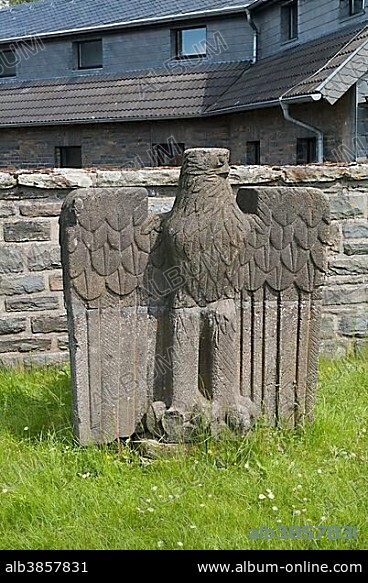 Eagle sculpture, Nazi Party symbol, Ordensburg Vogelsang, educational centre of the NSDAP from 1936-1939, now Forum Vogelsang, Eifel, North Rhine-Westphalia, Germany, Europe.