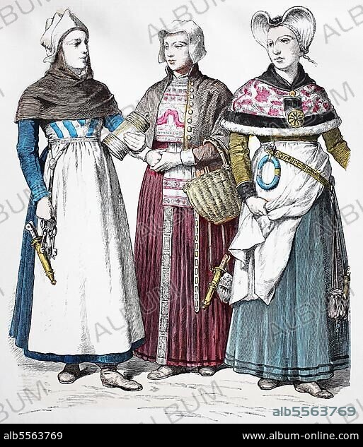 Folk traditional costume, Clothing, History of costumes, Woman from Upford Denmark, Woman from Ditmarschen, Woman from Enderstedt, Germany, 1600-1630, Historical, digitally restored reproduction of a 19th century original, Europe.