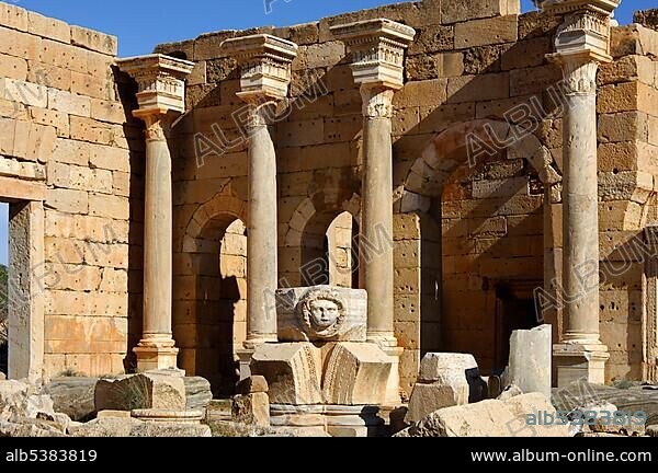 Columns and head of a Medusa Severus Forum Leptis Magna Libya.
