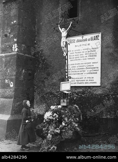 Commemorative plaque in honour of the victims slaughtered by the Germans in Oradour-sur-Glane, France (1944). World War II. Liberation of Paris.