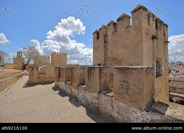 Historic city fortification Alcazaba with Torre de lo Caballeros at Plaza Alta in Badajoz, Extremadura, Spain, Europe.