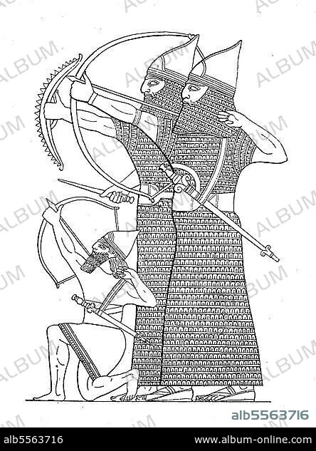 Assyrische Krieger, Bogenschützen mit Schutzkleidung, ca 1000 v. Chr. Mesopotamien, Historisch, digitale Reproduktion einer Originalvorlage aus dem 19. Jahrhundert.