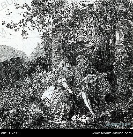 Tristan and Isolde, Drawing by Hermann Vogel, Historical illustration from Otto von Leixner, Illustrated history of German literature, Leipzig and Berlin 1880, First volume, Germany, Europe.