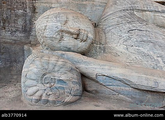 Rock relief, reclining Buddha, Gal Vihara Temple, Polonnaruwa, Sri Lanka, Asia.