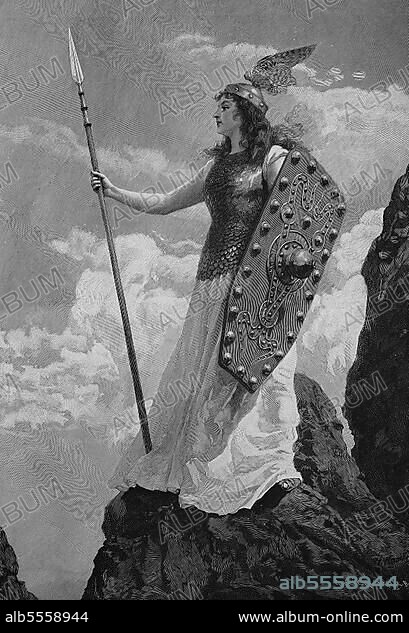 Valkyrie, Battle or Shield Maiden, in Norse mythology is a female spirit being from the retinue of Odin, the father of the gods, Historical, digital reproduction of a 19th century original, original date unknown