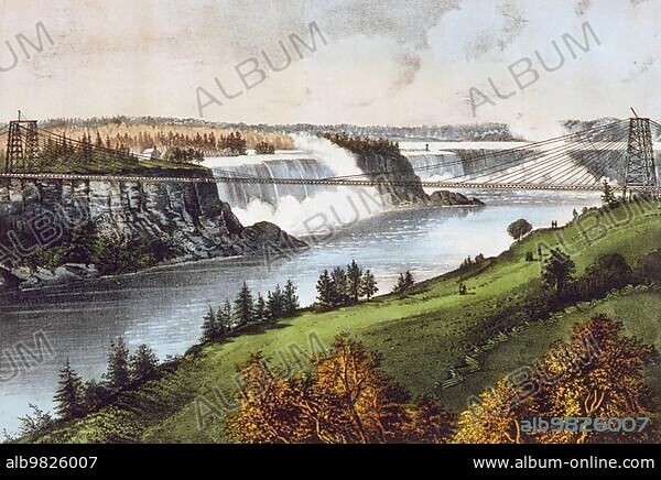 The new suspension bridge over Niagara Falls; 1880; Canada; America; Historic; digitally restored reproduction from an original of the time; North America.