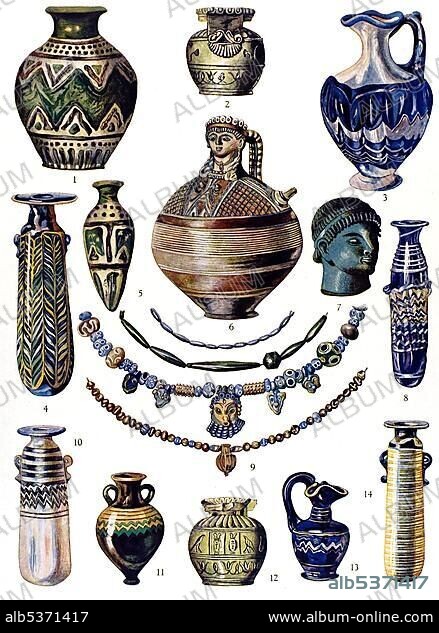 Historic illustration, Phoenician ornaments, glas- and clay work, Georges Perrot et Charles Chipiez, Histoire d e l'art dans l'antiquite.