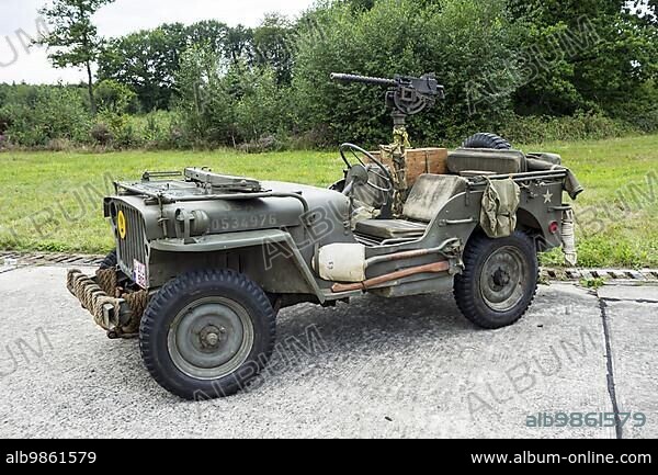 World War Two US Army Willys MB jeep, four-wheel drive utility vehicle with mounted M1919 Browning machine gun.