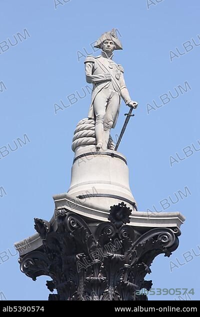 Admiral Lord Nelson at the top of Nelson's Column, London, England, Great Britain, Europe.