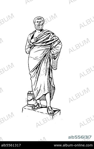 Mode, Kleidung in Griechenland, Blütezeit des 5. bis 4. Jahrhunderts v. Chr. ein mögliches Tragen des Obergewandes, der Himation, hier nach einer römischen Marmorkopie nach griechischer Erzstatue des Demosthenes um 280 v. digitale Reproduktion einer Originalvorlage aus dem 19. Jahrhundert, Originaldatum nicht bekannt.