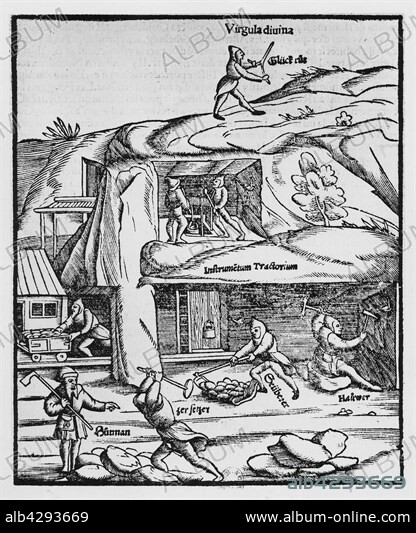 Sebastian Münster. German school. Mine work. Various occupations of mine workers.. 1544. Engraving in. the 'Cosmographia' (Cosmographia Universalis). Paris, Bibliothèque Nationale de France.