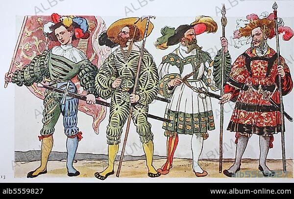 Kleidung, Mode des Landsknechts in Deutschland um 150-1540, die geschlitzte Tracht, von links, ein Bannerträger der Stadt Basel um 1520, ein Landsknecht um 1530, ein Landsknecht-Hauptmann und ein gesetzestreuer Mann beim Regimentsstab um 1530, digital restaurierte Reproduktion einer Originalvorlage aus dem 19. Jahrhundert.