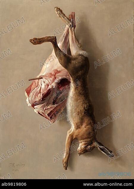 Hunting; Butcher; a Hare and a Leg of Lamb Hanging on a Hook on the Wall; 1742; Painting by Jean-Baptiste Oudry; Historic; Digitally restored reproduction from a 19th century original.