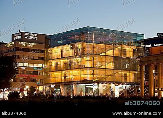 The modern building of Kunstmuseum Stuttgart, contemporary and modern art museum, in the pedestrian zone of Königstraße street at night, Stuttgart, Baden-Württemberg, Germany, Europe.