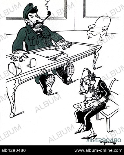 Caricature by Roger Roy against Léon Blum and the Popular Front: 'Active members. The presidency. Léon Blum and Stalin. in "Le Rire", November 14, 1936. Private collection.
