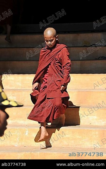 Young Buddhist monk stepping out of a monastery, Full Moon Festival in December, Nyaung Shwe, Shan State, Myanmar, Burma, Asia.