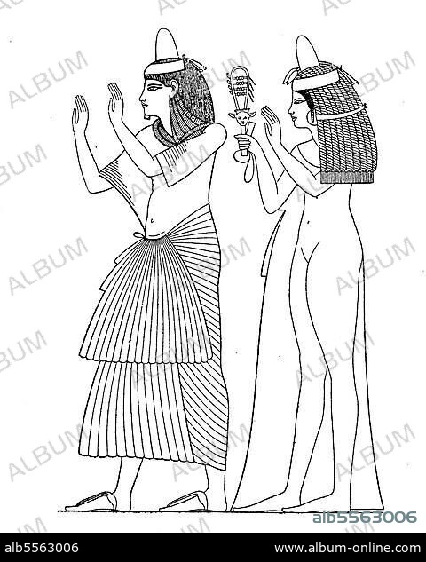 Altes Ägypten, Priester und Priesterin des Ammon, 18. Dynastie, Theben, Geschichte der Mode, Kostümgeschichte, Historisch, digitale Reproduktion einer Originalvorlage aus dem 19. Jahrhundert.