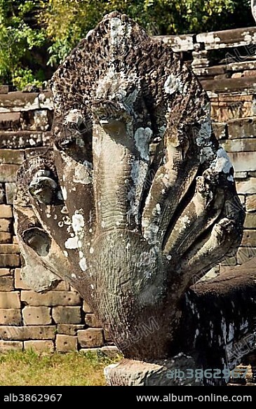 Naga balustrade, Terrace of the Elephants, Angkor Thom, UNESCO World Heritage Site, Siem Reap, Cambodia, Asia.