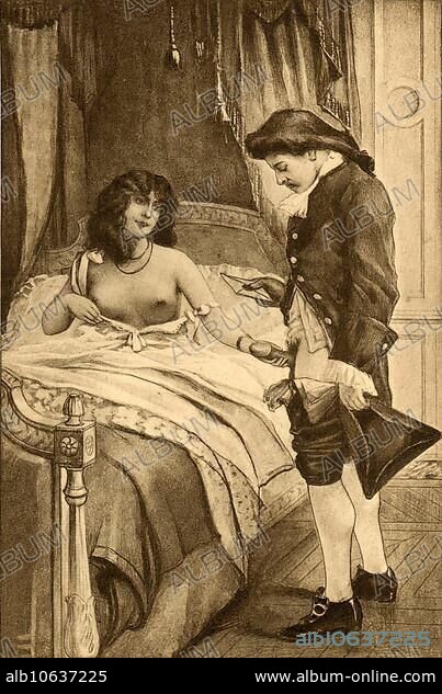Man and woman having sex, woman has the postman's trousers open and his penis in her hand, Erotic illustration by Edouard-Henri Avril (21 May 1849 to 1928), a French painter and graphic artist, under the name Paul Avril he became known as an illustrator of erotic to pornographic novels, Historical, digitally restored reproduction from a 19th century original.