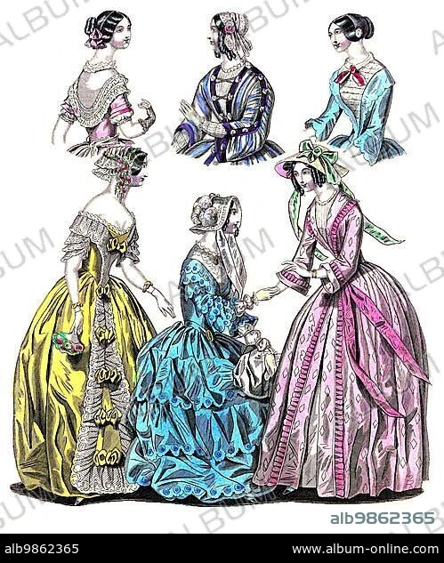 Fashion through the ages, Ladies' fashions in Paris and London, 1846, Historic, digitally restored reproduction from a 19th century original.