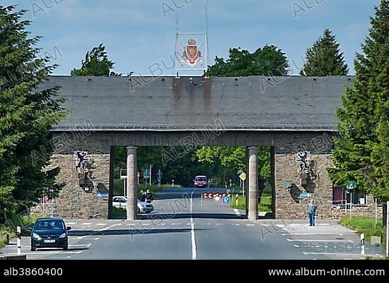 Entrance of Ordensburg Vogelsang, educational centre of the NSDAP from 1936-1939, now Forum Vogelsang, Eifel, North Rhine-Westphalia, Germany, Europe.