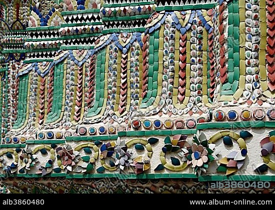 Mosaic, ceramic pattern, ornamentation, Grand Palace, Wat Phra Kaeo, Buddhist temple complex, Bangkok, Thailand, Asia.