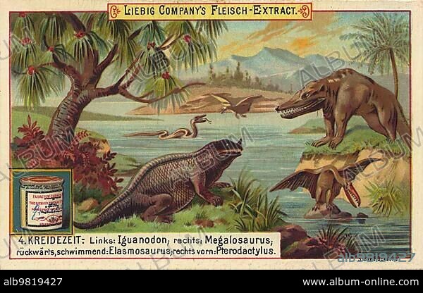 Cretaceous; Iguanodon; Megalosaurus; Elasmosaurus; Pterodactylus; digitally restored reproduction of a public domain collector's picture from ca 1900; Liebig picture series geological landscapes (1892).