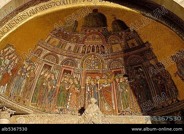 Details of the S. Marco church basilica San Mark mosaic at the west facade Venice Venezia Italy.