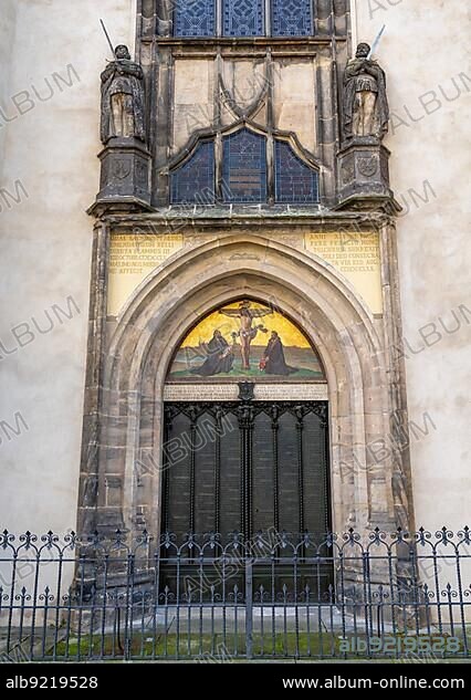 Germany - 13 September 2020: the door of the castle church door in Wittenberg where Martin Luther nailed his 95 theses in 1517.