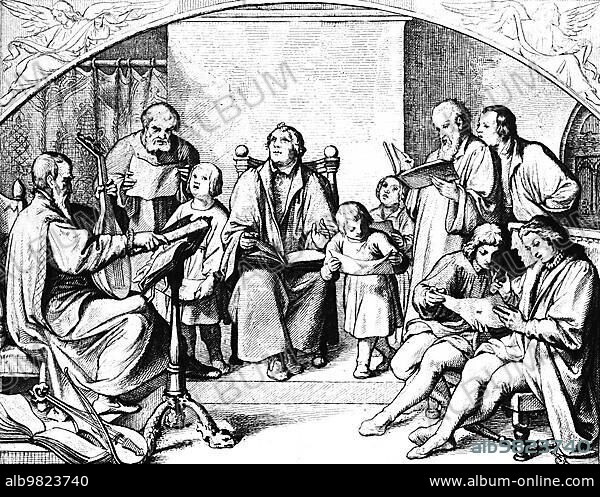 Martin Luther with the Cantorei in the House; religion; Kontorei; German hymn; song; piety; singing; room; children; family; friends; music; instrument; hymnbook; joy; Protestantism; 16th century; historical illustration c. 1860.